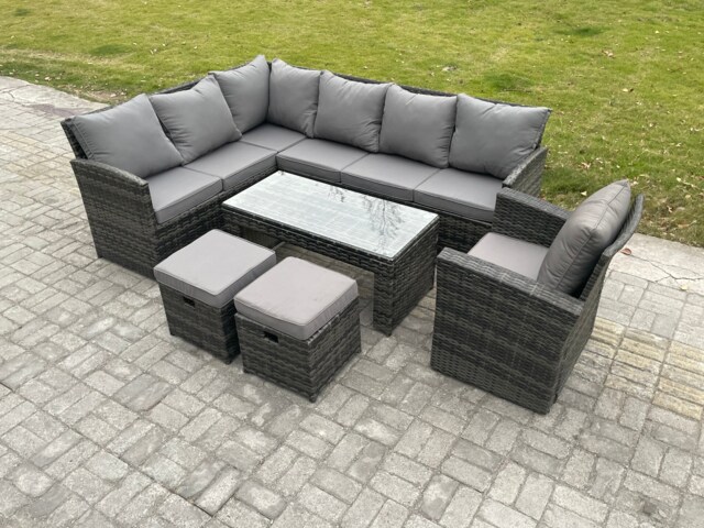 Fimous 9 Seater Outdoor Rattan Garden Furniture Set Corner Sofa Oblong Coffee Table Sets with Patio 2 Small Footstools Armchair Dark Grey Mixed