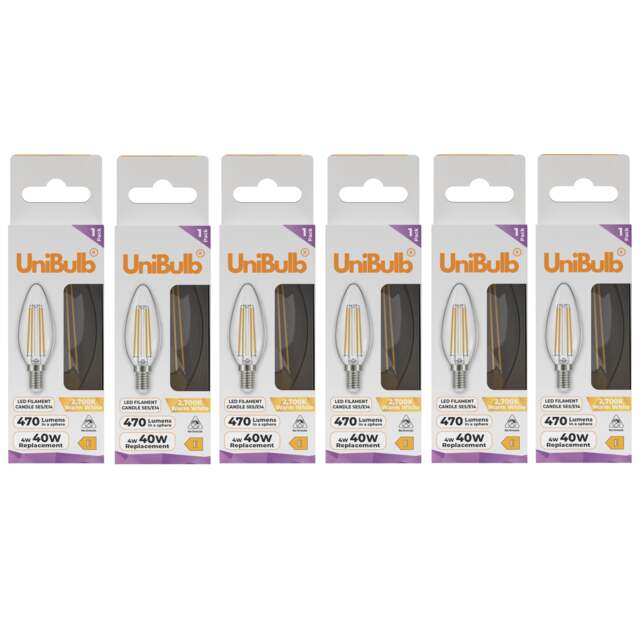UniBulb LED Filament Candle E14 Small Edison Screw (SES) 470lm 4W (Replaces 40W) 2700K (Warm White) Light Bulb - Pack of 6