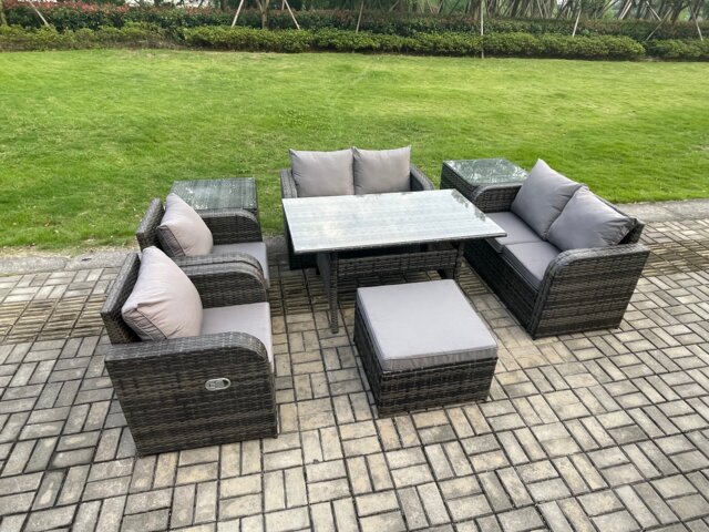 Fimous Rattan Outdoor Furniture Garden Dining Set Rectangular Table and Chair Sofa Set With 2 Side Tables Big Footstool Dark Grey Mixed