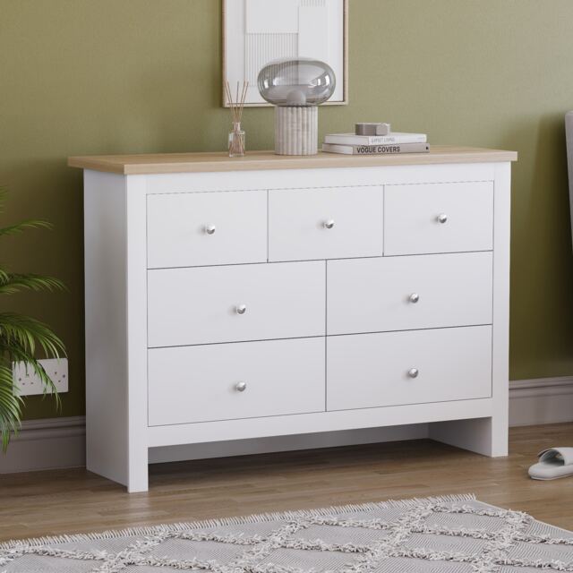 Vida Designs Arlington 7 Drawer Chest of Drawers Shaker Bedroom Storage, White & Oak
