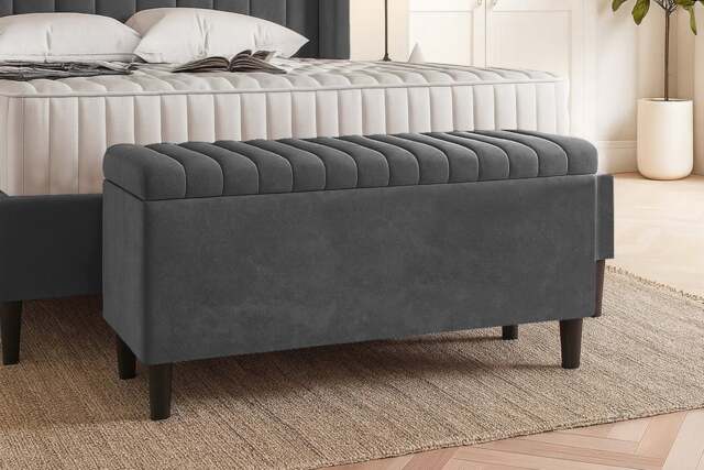 150cm Lined Upholstered Ottoman Storage box - Steel Grey Plush Velvet Blanket Storage Box with Wooden Legs
