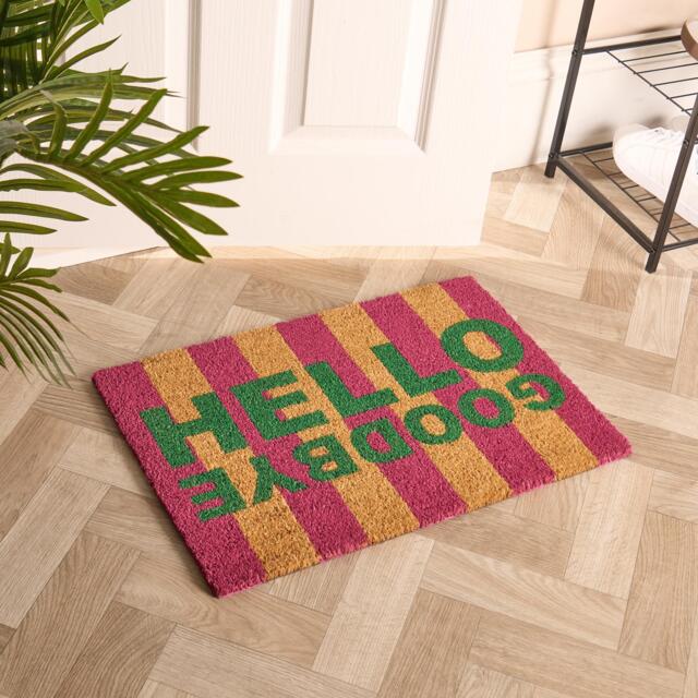 OHS Stripes Coir Doormat Hello Goodbye Slogan Non Slip Door Rug Multi 40 x 60cm