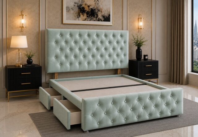 Brooklyn Divan Bed with Upholstered Headboard & Footboard Base - Single Duck Egg Plush 2 Drawers Storage Right Side in Bed