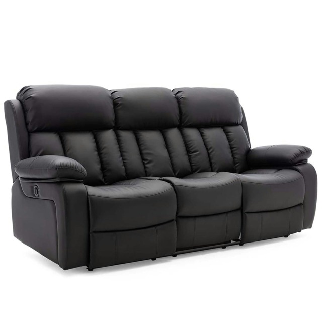 Chester 3 Seater Electric High Back Bonded Leather Recliner Sofa (Black)