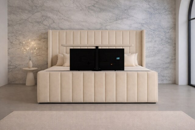 Tv Bed 5ft Kingsize Cream Plush Frame Only With 54inch Headboard Solid Bed