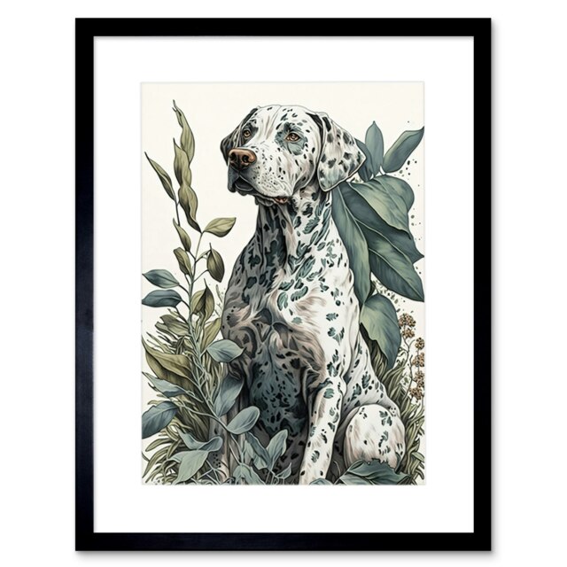 "Dalmatian Dog Field Plants Modern Watercolour 9x7"" Black Framed Wall Art Print"