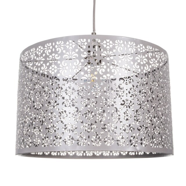 Moroccan Designed Large Grey Metal Pendant Light Shade with Floral Decoration Grey Grey 1