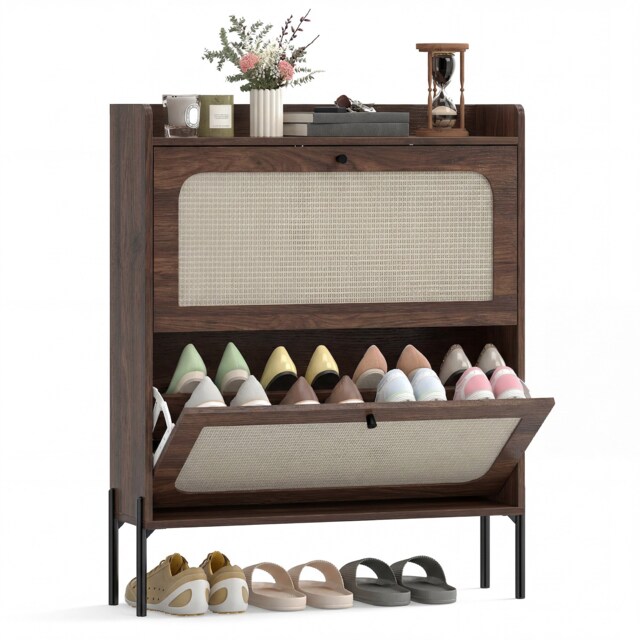 HOMCOM Boho Narrow Shoe Cabinet, Shoe Rack with 2 Flip Drawers Black Dark brown 80W x 23.7D x 99.5H cm