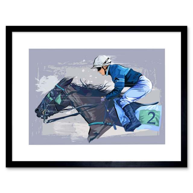 "Racing Horse Jockey Race Sport Blue Painting 9x7"" Black Framed Wall Art Print"