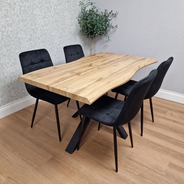 Wooden Dining Table with 4 Black Velvet Chairs, Stylish Dining Room Furniture