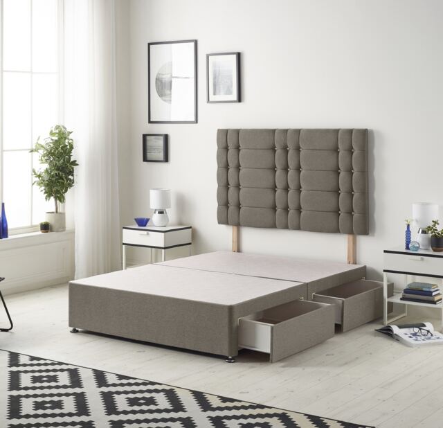 Astoria Divan Bed Base with 2 Drawers & 30 Inch Diamante Headboard in Tweed Fabric Brown Coffee Small Single