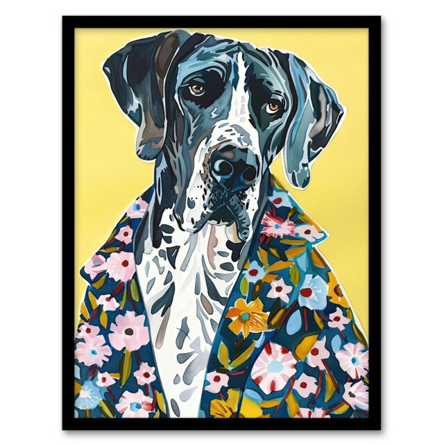 Dog Lover Great Dane in Floral Hawaiian Shirt Black Framed Wall Art Print A4