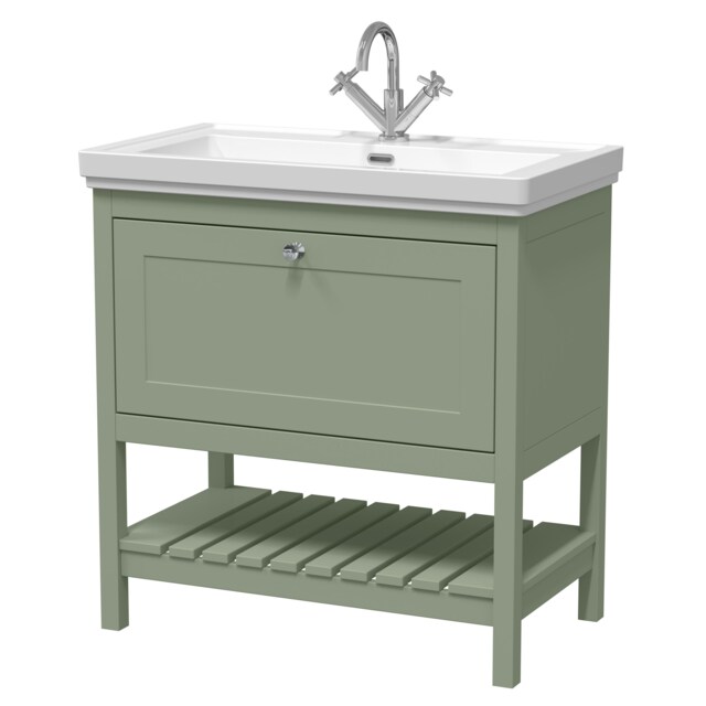Balterley Rye Traditional Bathroom 1 Soft Close Drawer Floor Standing Vanity Unit Basin - Vanity Unit, 1 Tap Hole Green Matt Green