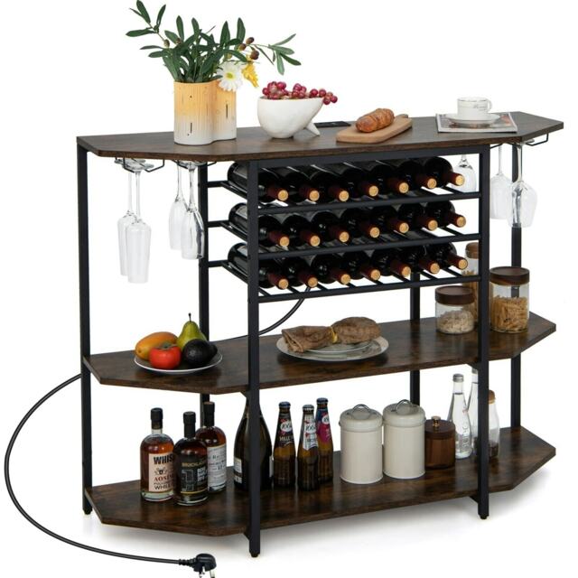 COSTWAY Wine Bar Cabinet 3 Tier Industrial Wine Rack Coffee
