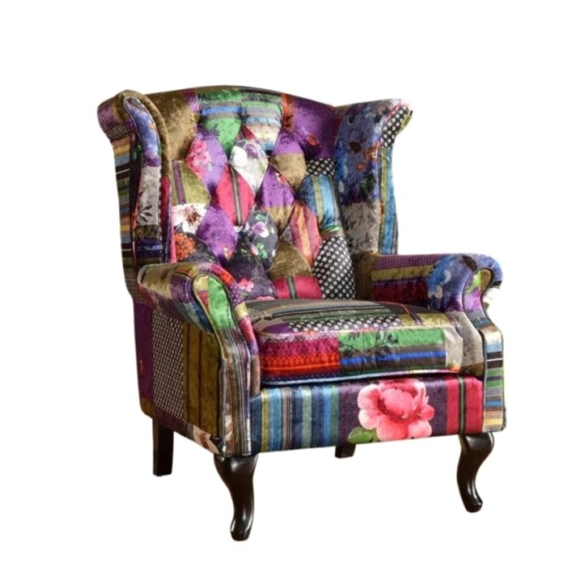 Fabric Patchwork Chesterfield Avici Scroll Wingback Chair