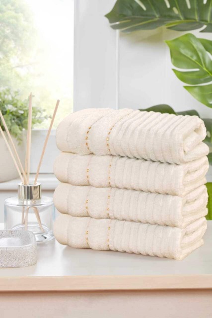 Linear Pure Cotton Face Cloth Towels Set Of 4 Cream Face cloth 4