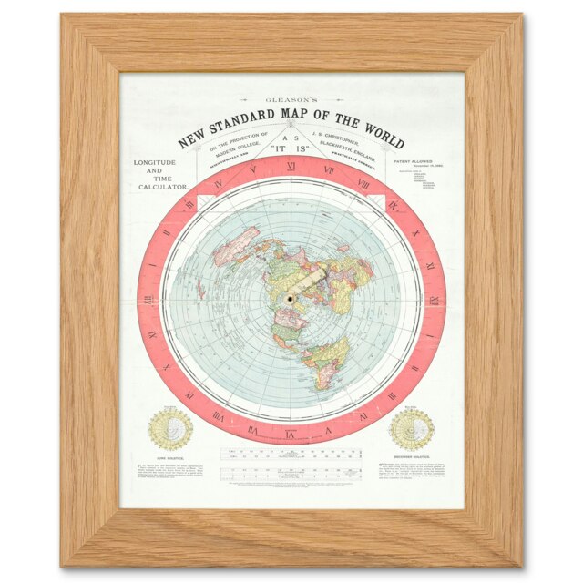 Gleason 1892 World Time Calculator Flat Earth Map Art Oak Wood Framed Wall Print