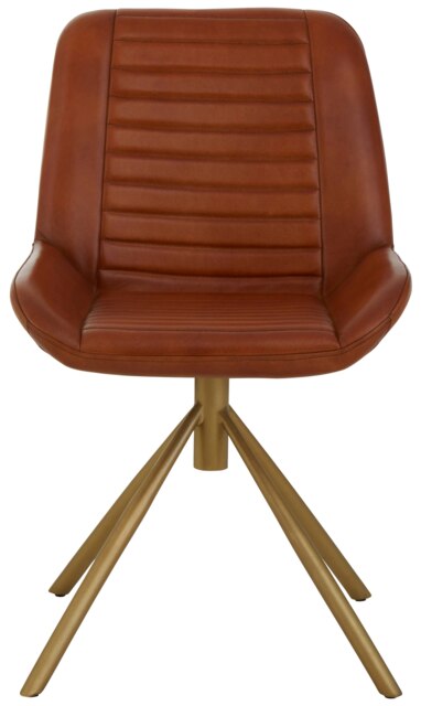 Orsina Tan Genuine Leather Chair, Pleated Channel‑Detail Tan Leather Seat & Back, Gold‑Finish Angular Iron Legs