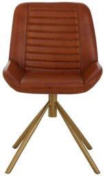 Orsina Tan Genuine Leather Chair, Pleated Channel‑Detail Tan Leather Seat & Back, Gold‑Finish Angular Iron Legs