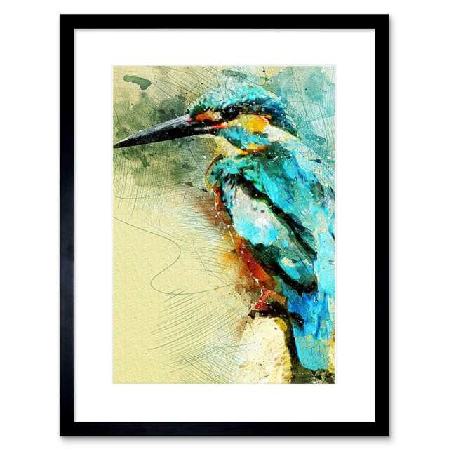 "Kingfisher Bird Painting Bathroom Home Decor 12x16"" Framed Wall Art Print"