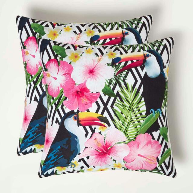 Homescapes Tropical Toucan Outdoor Cushion 45 x 45 cm - Set of 2 Pink Pink & Black 2