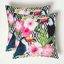 Homescapes Tropical Toucan Outdoor Cushion 45 x 45 cm - Set of 2 Pink Pink & Black 2