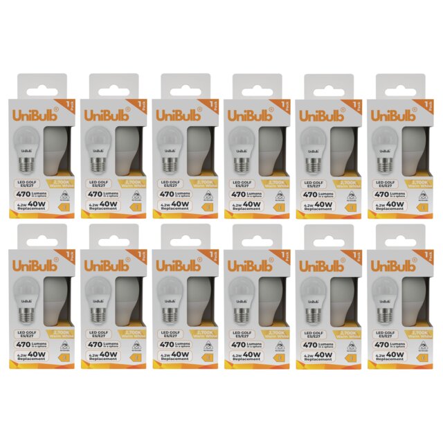 UniBulb LED Golf Ball E27 Edison Screw (ES) 470lm 4.2W (Replaces 40W) 2700K (Warm White) Light Bulb - Pack of 12