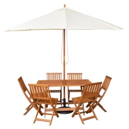 Outdoor 6 Person Folding Rectangular Wooden Garden Dining Table Chairs Cream Parasol and Base set