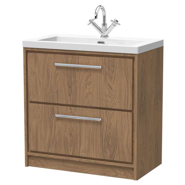 Balterley Longnor 2 Drawer Floor Standing Vanity Unit with 1 Tap Hole Modern Fireclay Basin, Antique Oak, 800mm