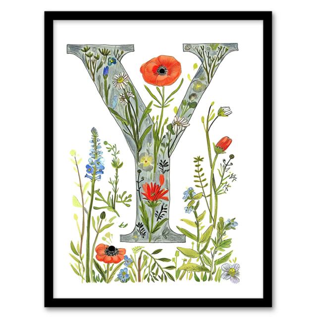 Letter Y Poppy Garden Floral Birthday Gift Mum Black Framed Wall Art Print A4