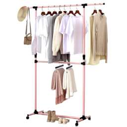 House of Home Double Clothes Rail, Extended Top Rail Adjustable Height, Pink