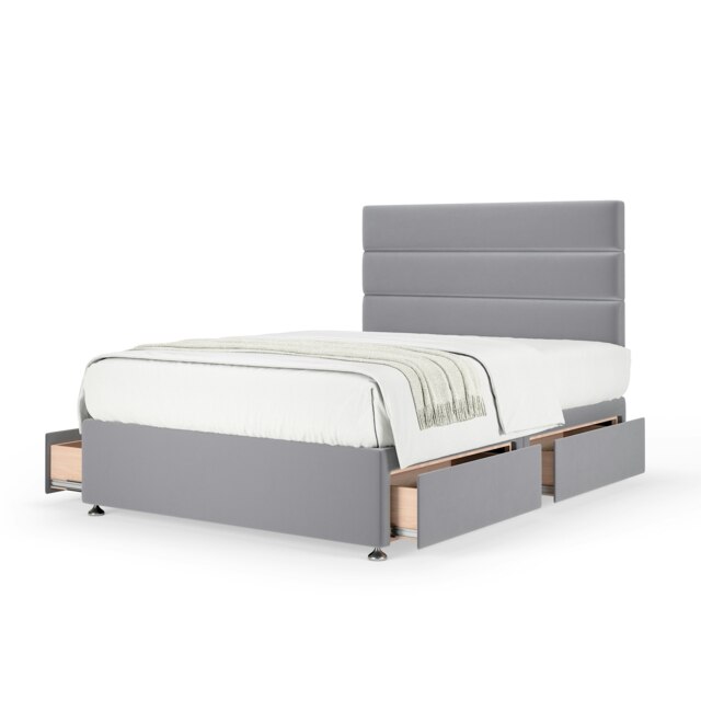 Super Ortho Orthopaedic Silver Plush Velvet 4 Drawer Divan Set And Milan Headboard Double