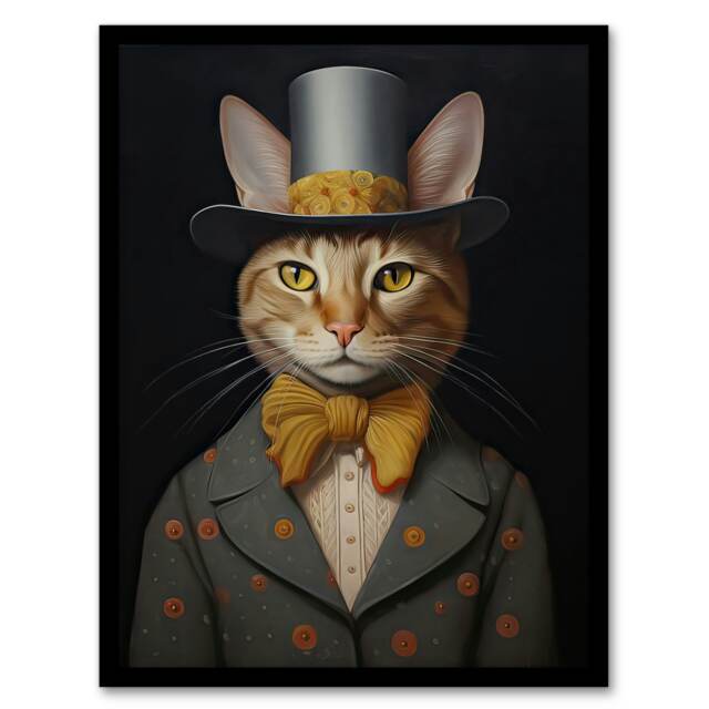 Mr Buttons Fun Cat Painting Grey Cream Elegant Black Framed Wall Art Print A4