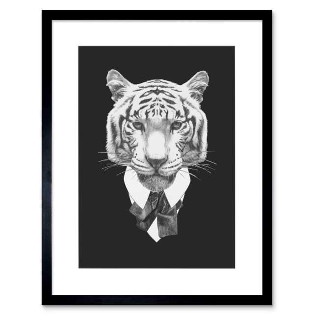 "Bow Tie Gentleman Tiger Black White Pencil 9x7"" Black Framed Wall Art Print"