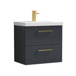 Balterley Wall Hung Bathroom 2 Drawer Vanity Unit and 1 Tap Hole Ceramic Basin, with Handles Grey Soft Black