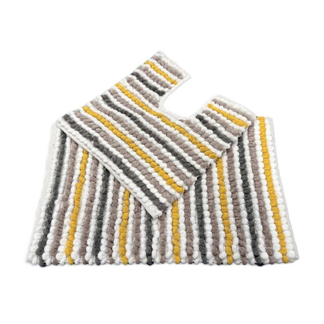 Striped Chunky Bobble Bath Mat and Toilet Mat Set Yellow Mustard