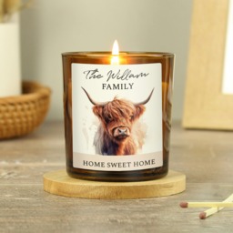 Personalised Highland Cow Amber Glass Candle Brown One Size