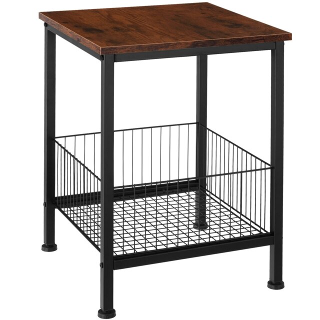 Bedside Table Grimsby - industrial style, with mesh basket, 40 x 40 x 55.5 cm Brown Dark Wood