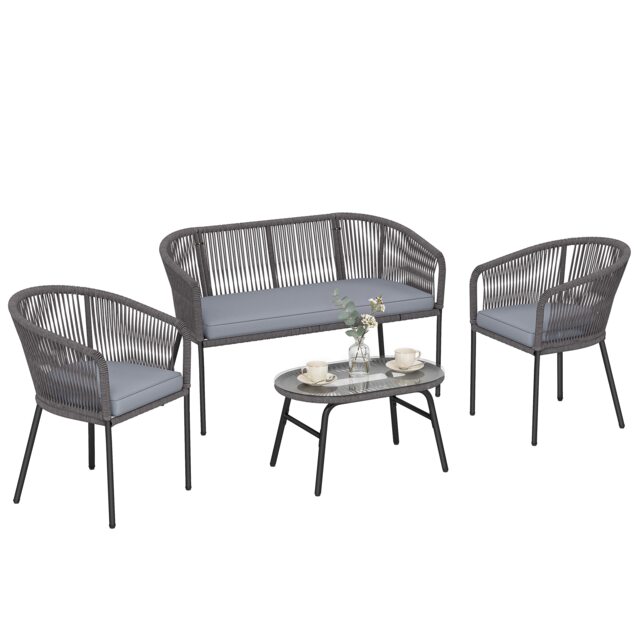 Outsunny 4 Piece Garden Furniture Set, Rope Woven Outdoor Sofa, Dark Grey