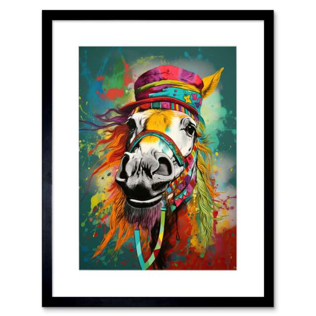 "Hippie Horse Hat Bridles Fun Colourful Animal 9x7"" Black Framed Wall Art Print"