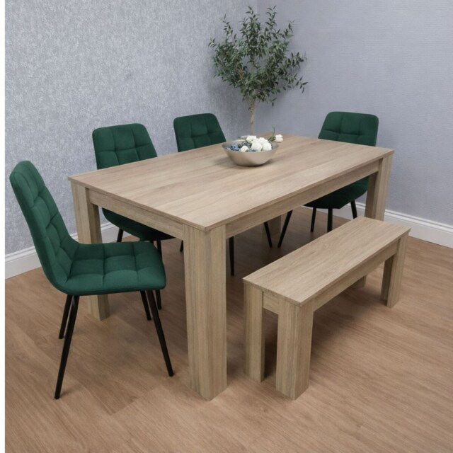 Wooden Dining Table Set for 6 Oak Effect Table With 4 Green Velvet Chairs and 1 Bench