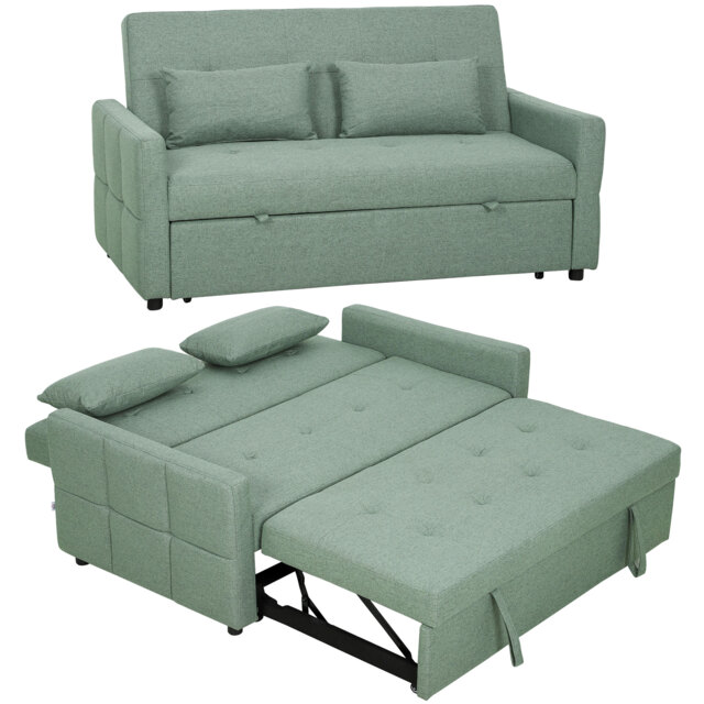 HOMCOM 2 Seater Sofa Bed, Convertible Pull Out Bed Settee, Light Green