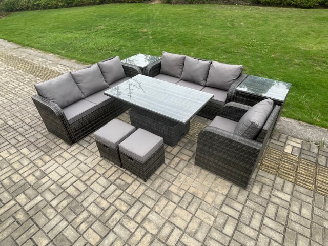 Fimous PE Rattan Outdoor Garden Furniture Sets Height Adjustable Rising lifting Dining Table Sofa Set with 2 Side Tables Reclining Chair 2 Small Footstools