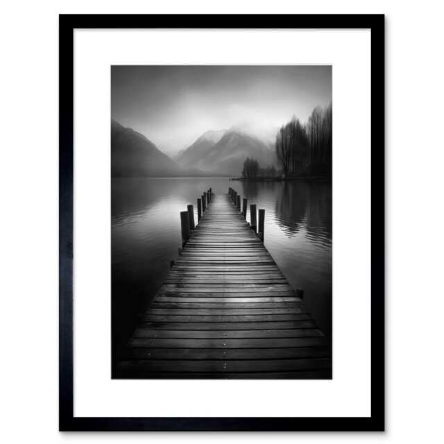 "Lake Pier Jetty Moody Landscape B&W Photo 9x7"" Black Framed Wall Art Print"