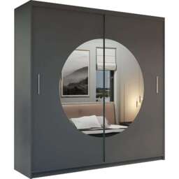 Modern Mirrored Sliding Door Wardrobe with Circular Mirror - Grey 150cm