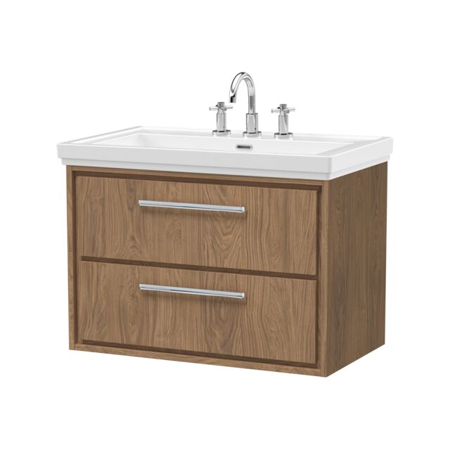 Balterley Longnor 2 Drawer Wall Hung Vanity Unit with 3 Tap Hole Traditional Fireclay Basin, Antique Oak, 800mm