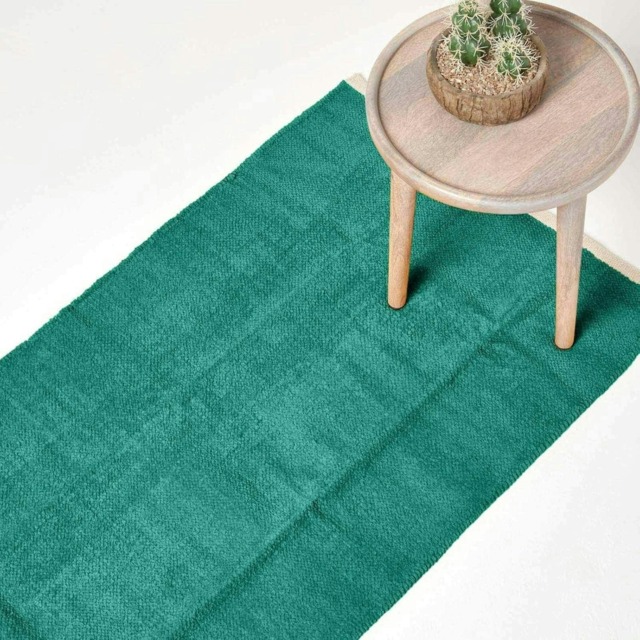 Homescapes Teal Green Cotton Plain Chenille Hall Runner with Natural Trim - 66 x 200 cm Green Teal Green