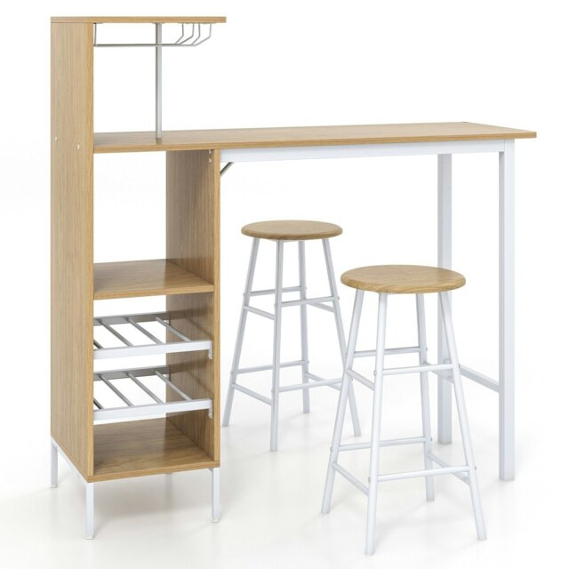 COSTWAY 3PCS Bar Table & 2 Stool Dining Set Natural Multi