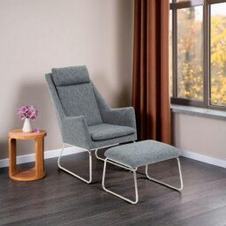 Orsina Grey Fabric Chair with Foot Stool Ottoman, Steel Frame Highback Accent Chair for Office, Lounge, Living Room