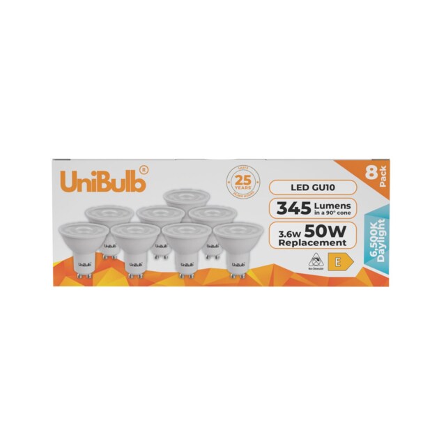 UniBulb LED GU10 345lm 3.6W (Replaces 50W) 6500K (Daylight) Spotlight Downlight Light Bulb - Pack of 8 White Daylight 8